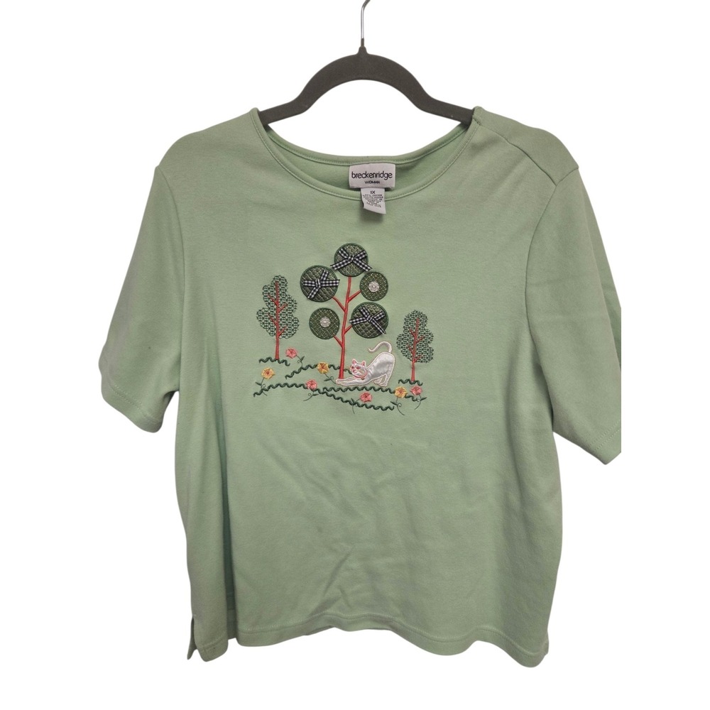 Breckenridge Woman Sage Green Cat Embroidered Short Sleeve Knit Top Plus 1X